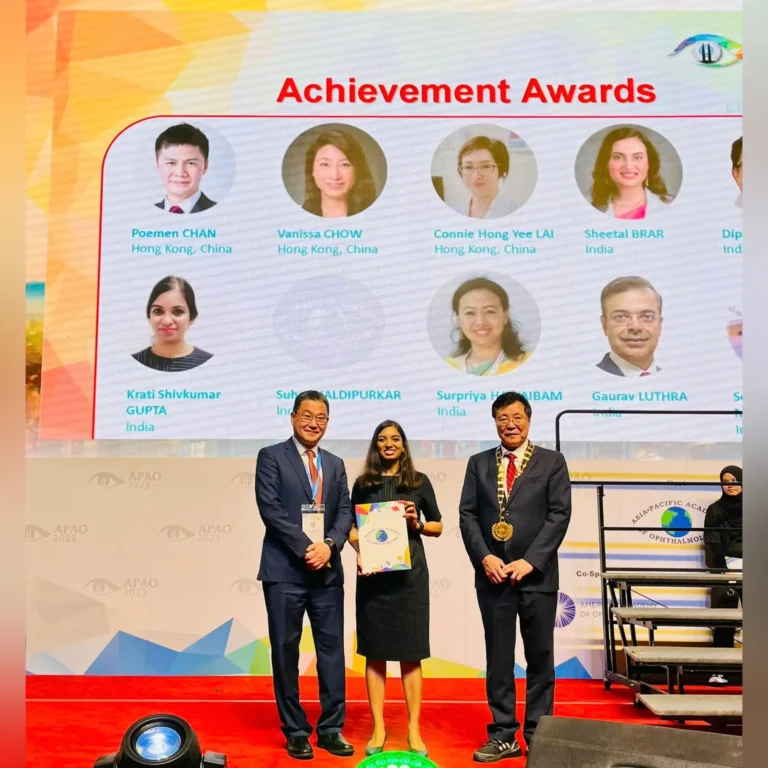 Dr. Krati Gupta receiving the APAO (Asia-Pacific Academy of Ophthalmology) Achievement Award in Kuala Lumpur, Malaysia — top eye specialist from Bhopal