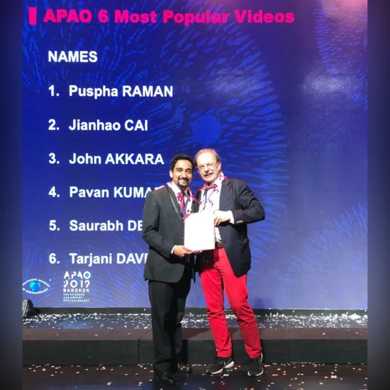 Dr. Saurabh Deshmukh receiving APAO Most Popular Video Award at Bangkok for excellence in retina and cataract surgery
