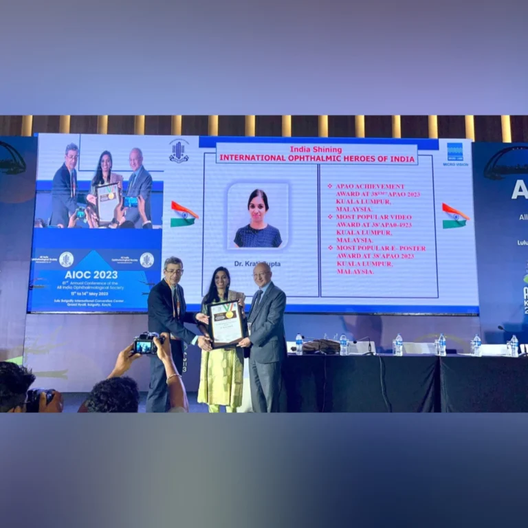 Dr. Krati Gupta awarded International Ophthalmic Hero of India 2023 at AIOS | Best Eye Specialist in Bhopal for Cataract, Cornea & LASIK