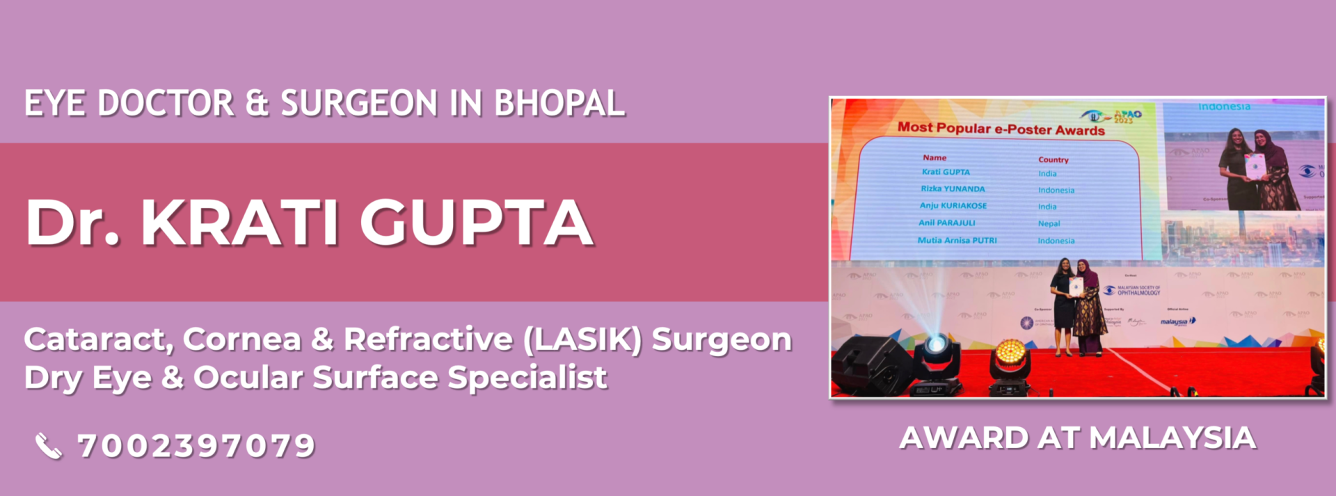 Dr Krati Gupta, Eye Specialist, Cornea, Cataract and LASIK Surgeon Bhopal - Award at Malaysia 1